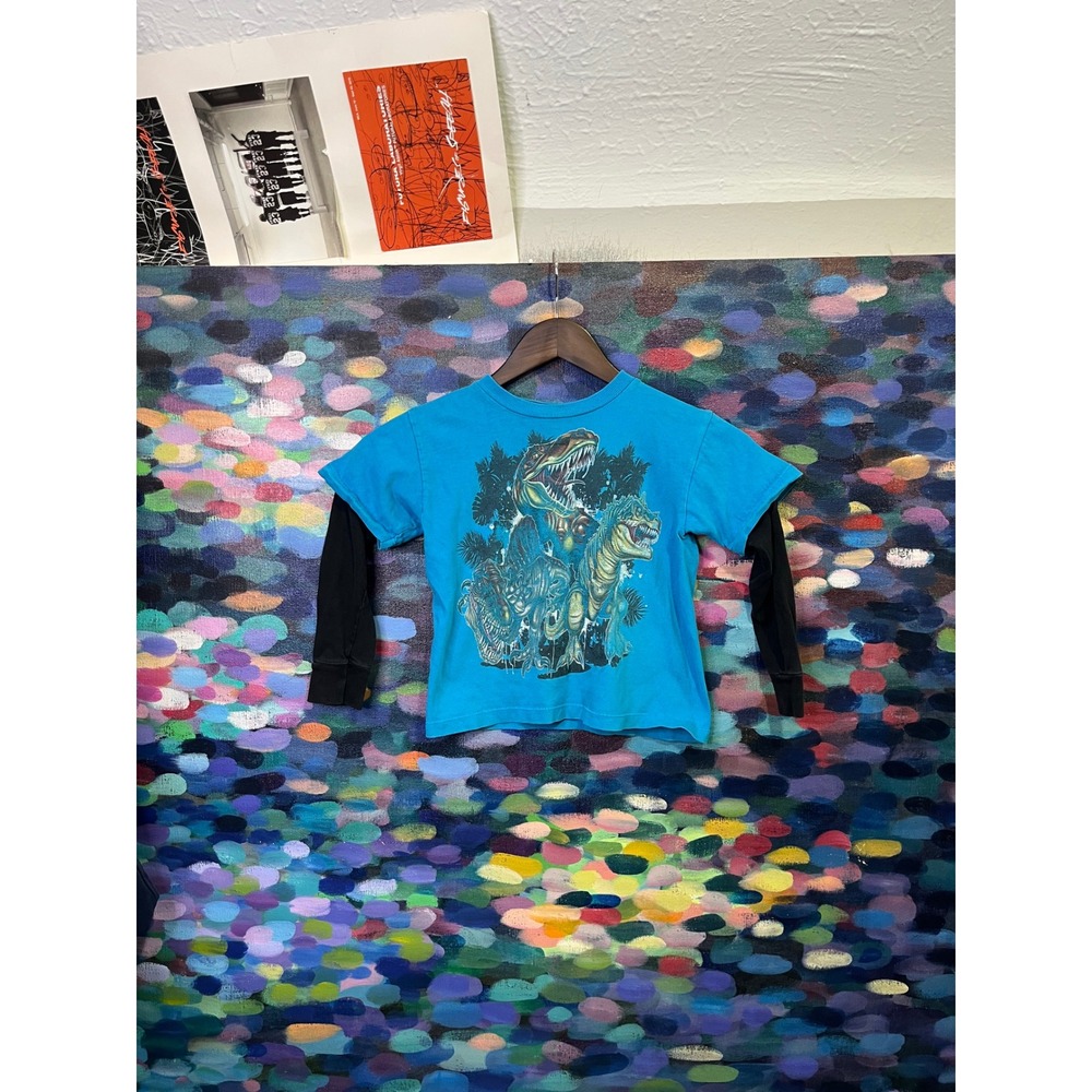 Top Heavy Kids Dinosaur Graphic Layered Long Sleeve Shirt Teal Black Size 4